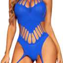 RSLOVE Women Fishnet Bodystocking Lingerie Sexy Footless Stockings Sleeveless Lace Bodysuit Halterneck One Piece Pantyhose (Blue) One Size