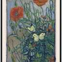 Framed Canvas Print Wall Art Butterflies And Poppies Flowers Painting Reproduction Ready To Hang Living Room Bedroom Kitchen Office Home Decor 16"x 24" Black Framed