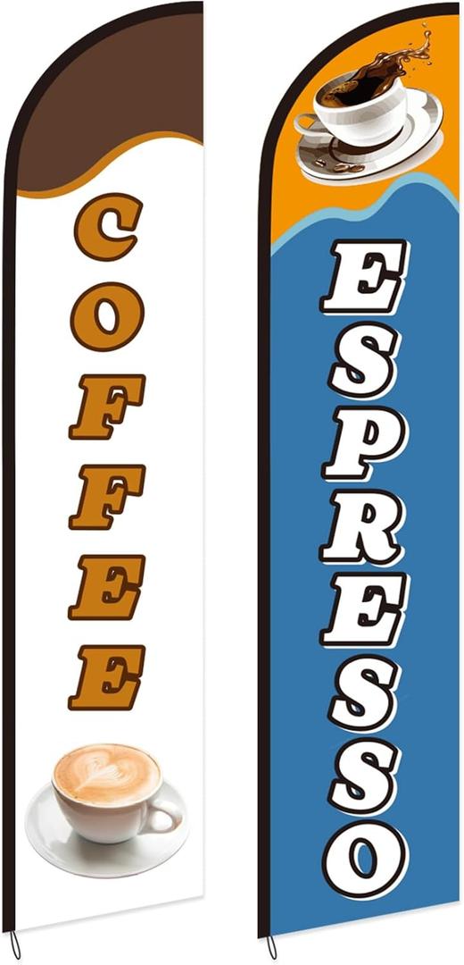 2 Pack Coffee Espresso Feather Flags Cafe Feather Swooper Banner 2.5 x 12 ft Tall Heavy Duty Coffee Espresso Shop Advertising Market Sign Weatherproof Outdoor Business Flag Only(Classic)