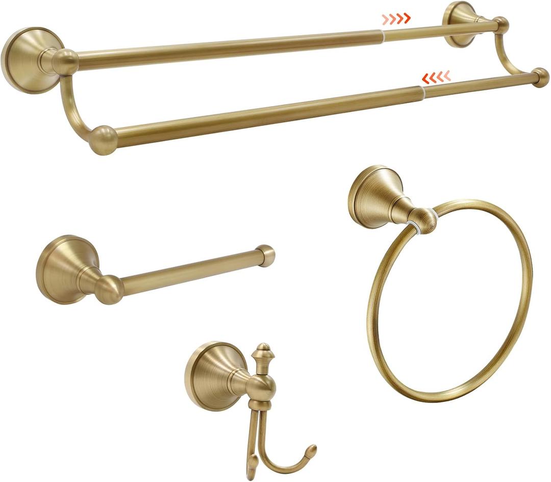 4 Piece Antique Brass Bathroom Accessories Set - 16"-27.7" Solid Brass Towel Rack, Double Vintage Towel Bar - Wall Mounted Antique Gold Bathroom Hardware Size: Double Towel Bar Set