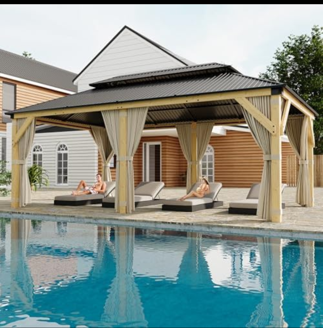 HarmonyHealth 12 x 20 Ft Wood Gazebo, Upgrade Wooden Frame, Double Galvanized Steel Roof, Hardtop Gazebo with Nettings and Curtains for Backyard, Patio, Garden and Lawn, Khaki