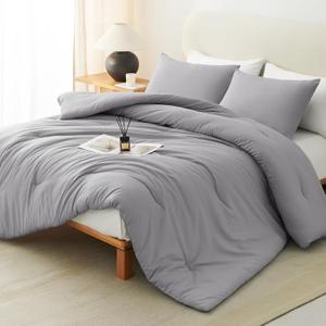 CozyLux King Size Comforter Set Grey, 3 Pieces Solid Comforters King Size Breathable Quilted Bedding Sets, Gray Luxury Soft Lightweight Bed Set with Down Alternative Comforter and 2 Pillowcases