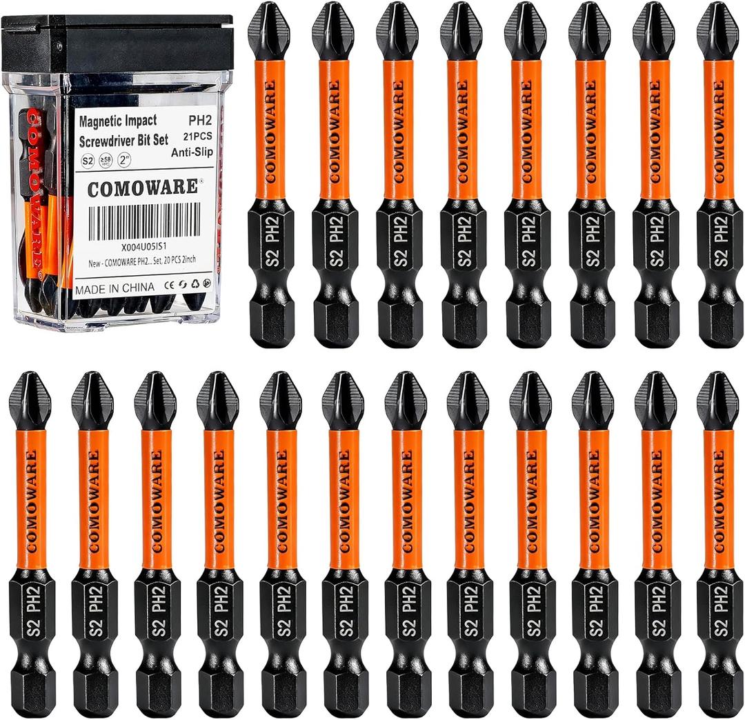 COMOWARE 2 Inch PH2 High Magnetic Impact Screwdriver Drill Bit Set, 21PCS, #2 Anti-Slip Phillips Bits, S2 Steel, Phosphating Driver Bit Set with CNC Magnetic Impact Bits for Power Drill