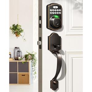Veise Fingerprint Door Lock Set, Keyless Entry Door Lock, Front Handle Set, Electronic Keypad Deadbolt with Lever Handle, 2 Keys, Auto-Locking, One-Time Codes, Easy to Install, Oil Rubbed Bronze