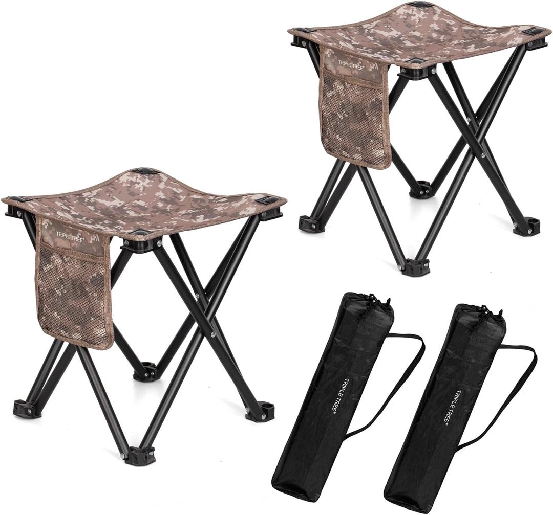 Triple Tree 2 Pack Folding Camping Stool, 13.8 Inch Small Portable Lightweight Stool with Side Pocket, Foot Stool with Carry Bag for Hiking, Fishing and Beach, Holds up to 400lbs, Camouflage