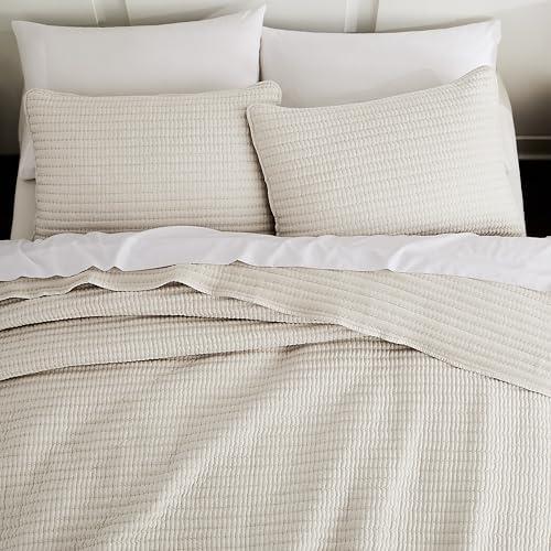 WDCOZY Beige Pick Stitch King Size Quilt Set, Striped Lightweight Soft Summer Spring Bedspread, Bamboo Linen Like Textured Coverlet, Chambray Farmhouse Country Rustic Bedding, Netural Thin Comforter