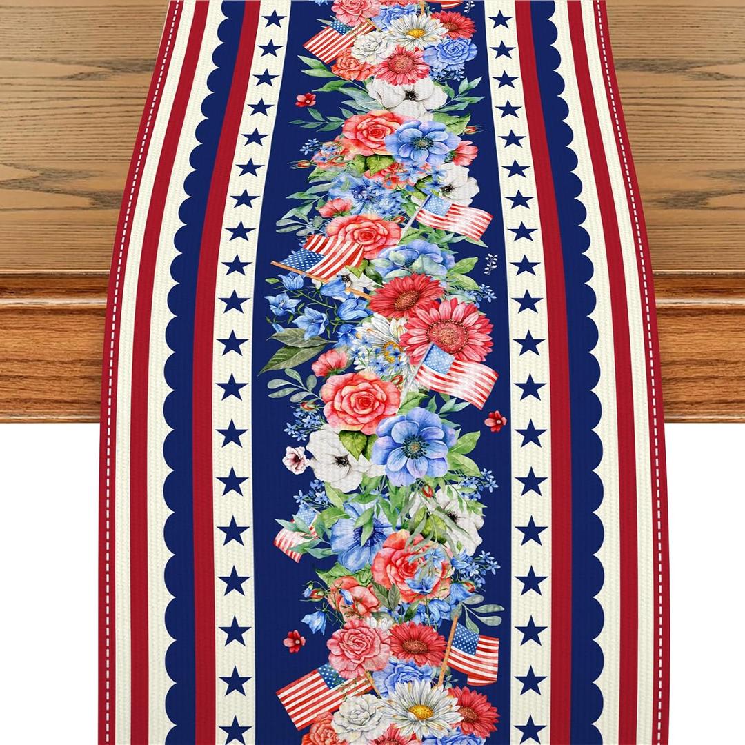 2 x 4th of July Table Runner, Patriotic Floral Stars Table Runner for Memorial Day and Independence Day, Farmhouse Dining Table Decor for Home Kitchen Party, 13 x 72 Inch
