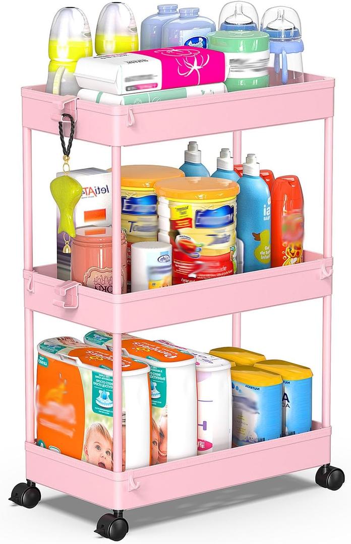 SPACEKEEPER Rolling Storage Cart 3 Tier, Bathroom Cart Organizer Laundry Room Organizer Utility Cart Mobile Shelving Unit Multi-Functional Shelves for Office, Kitchen, Bathroom, Pink SPACEKEEPER Rolling Storage Cart 3 Tier, Bathroom Cart Organizer Laundry Room Organizer Utility Cart Mobile Shelving Unit Multi-Functional Shelves for Office, Kitchen, Bathroom, Pink