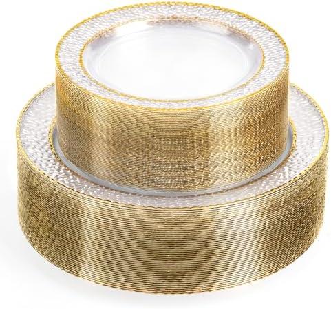 Ciselure 100PCS Clear Plastic Plates, Heavy Duty Disposable Plastic Plate with Gold Rim, Elegant 50 Dinner and 50 Dessert Plates for Wedding and Party