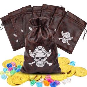 8pcs Pirate Loot Bags 6.5x4.5In Pirate Goodie Bag with Drawstring Faux Cow Skin Pirate Treat Tote Gift Bag for Adventure Treasure Hunt Pirate Themed Birthday Medieval Party Game Favor Supplies