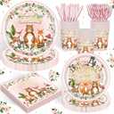 120PCS Woodland Party Supplies for Girls Baby Shower Pink Wild Animal Decorations Plates Napkin Cups Forks Knives Tableware Set for 20 Guests