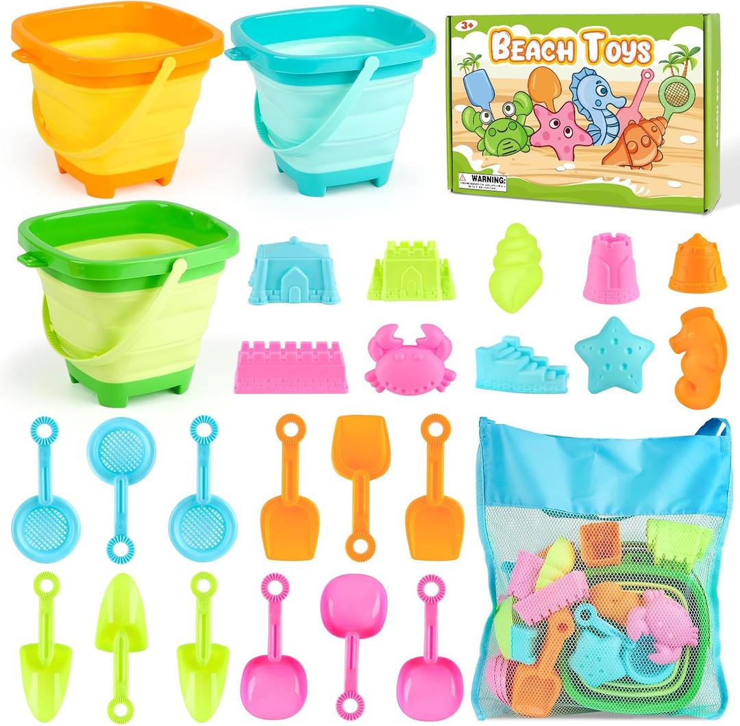 Dreamon Beach Toys for Kids 3-10, Collapsible Sand Toys Include 3 Pack Foldable Buckets, 24 PCS Beach Mold and Shovels Molds, Travel Sandbox Beach Toys for Kids Toddler with Mesh Bag