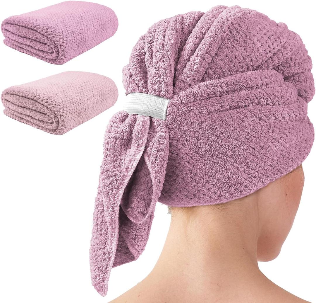 2 Pack Extra Large Microfiber Hair Towel, 37.4" x 26.4" Towel Wrap for Women, Super Absorbent & Quick Drying Hair Towel with Elastic Strap for Curly Long Hair (Pink)