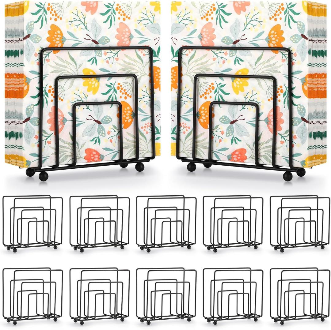 10 Pack Black Metal Napkin Holders for Tables, Modern Cocktail Tissue Organizer Set, Bulk Standing Paper Beverage Stand for Restaurants, Bar, Wedding, Party
