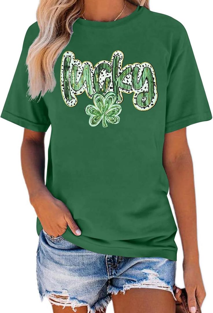 FRYAID Women St Patrick's Day Shirt Blessed Lucky Irish Shamrock Shirt Paddy's Day Graphic Short Sleeve Tees Tops (Green, XL)