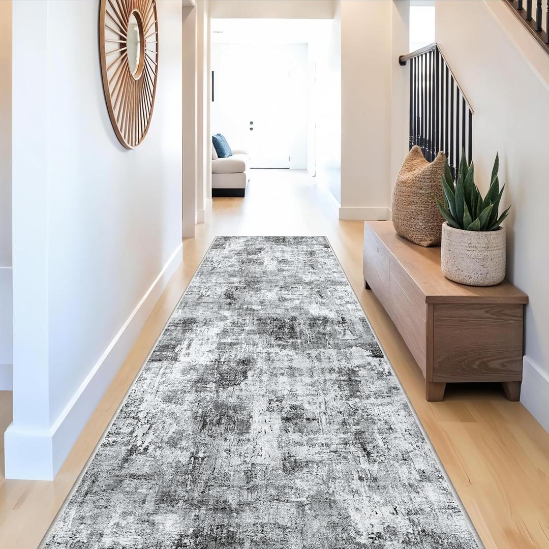 3x10 Ft Long Runner Rug for Hallway and Kitchen – Non-Slip Washable Floor Runner for Indoor Entryway, Bedroom, Living Room,Modern Abstract Low-Pile Thin Carpet (Grey)