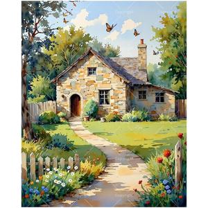DecorFriday Rustic Cottage Paint by Numbers Kit for Adults - DIY Stone Home with Garden Path Painting on Canvas, Acrylic Paint Set, Suitable for Beginners, Art for Home or Gifts(16X20IN Framed)