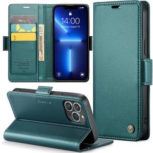 for iPhone 13 Pro Case, Premium PU Leather Wallet Case Flip Cover with [RFID Blocking][Card Holder][Stand Function] Shockproof Protective for iPhone 13 Pro 6.1 inch, Blue-Green