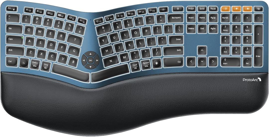 ProtoArc Backlit Bluetooth Ergonomic Keyboard, EK01 Plus Full Size Wireless Split Keyboard with Dual Bluetooth and USB, Cushioned Wrist Rest, Rechargeable, Compatible with Windows/Mac/Android, Blue