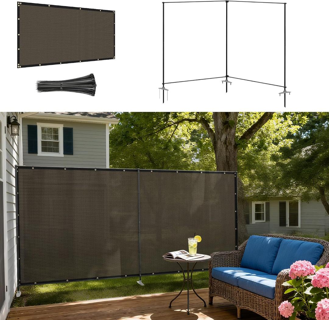 Windscreen4less Outdoor Privacy Fence Screen, 5'x12' Freestanding Privacy Fencing Set with Iron Poles and Ground Spikes, UV Resistant Mesh Cover Garden Pet Fencing for Backyard Patio Pool, Brown