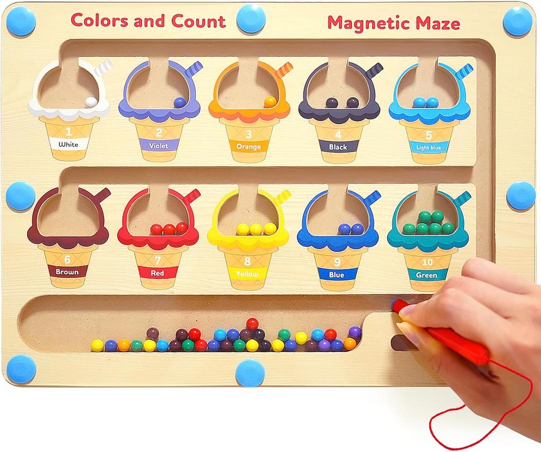 Magnetic Color and Number Maze - Toddler Toys for 3 4 5 Year Old, Wooden Color Matching & Counting Puzzle Board-Toddler Fine Motor Skills Learning Toys Holiday & Birthday Gifts for Kids