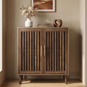 Smart FENDEE Sideboard Cabinet, 31.5" W Farmhouse Buffet Cabinet with Slatted Doors & Adjustable Shelf, Wood Coffee Bar Storage Station for Kitchen, Dining Room, Living Room, Entryway, Walnut Color