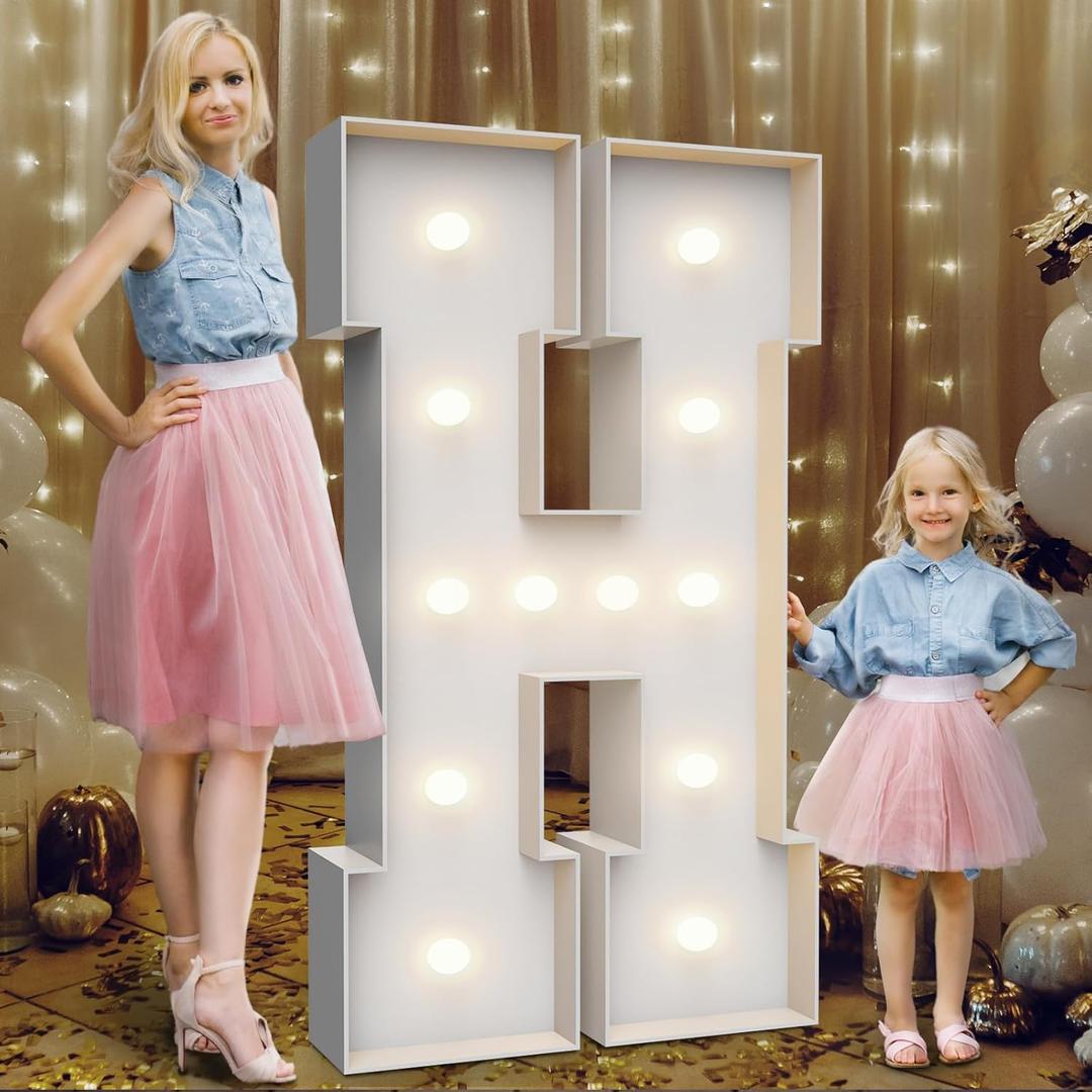4FT Marquee Light Up Letters H, Party Decoration Large Marquee Light Up Letters with Weighted Water Bag, Pre-cut Foam Board Set Can Be Used for Birthdays, Weddings, Baby Anniversaries