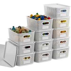 White Plastic Storage Baskets with Lids 12 Pack Stackable Storage Bins Containers for Shelves Organizing, Cute Decorative Storage Boxes for Classroom, Playroom, Closet, Pantry