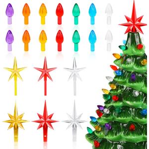 Ceramic Christmas Tree Replacement Lights Bulbs, 120 PCS Flame Shape Light up Medium Twist, 6 PCS Stars, Ornaments for Tree, Assorted Colors, (Ceramic Christmas Tree not Included)
