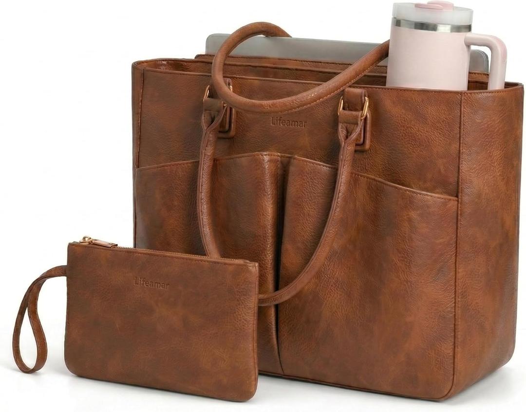 Laptop Tote Bag for Women 17.3 Inch Leather Work Bags, Large Capacity Tote Bag With Large Cup Holder for Women,Vintage Computer Bags for Laptops Nurse Teacher Bag Waterproof Office Briefcase