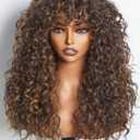 GORGIUS Shaggy Haircuts Natural Highlight Curly Wigs with Bangs Crafted with Style-Archive Technology: Premium Fiber & Remy Human Hair Blended, Realistic Look with True Scalp (Brown Highlights | Shaggy Curls)