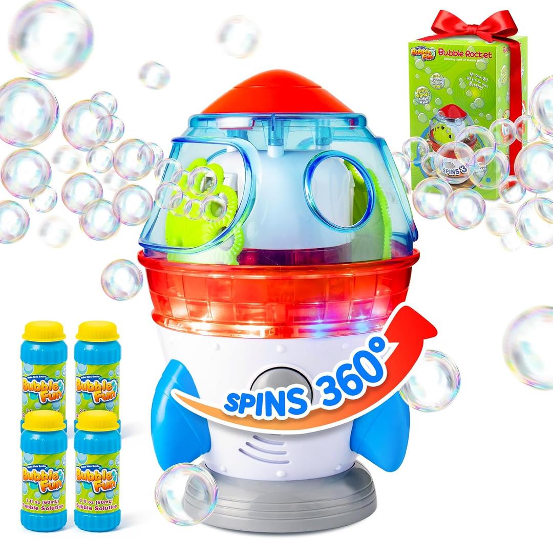 Rocket-Shaped Bubble Machine for Kids & Pets - Dual Powerful Bubble Outlets, Automatic 360 Rotation, Adjustable LED Lights & Music  Ideal for Indoor/Outdoor Birthday Parties