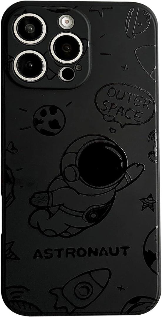 for iPhone 15 Pro Cute Case, Cool Cartoon Astronaut Rocket Moon Space Design Stylish Soft TPU Bumper Shockproof Anti-Slip Protector Fashion Case (Fly Black, iPhone 15 Pro)