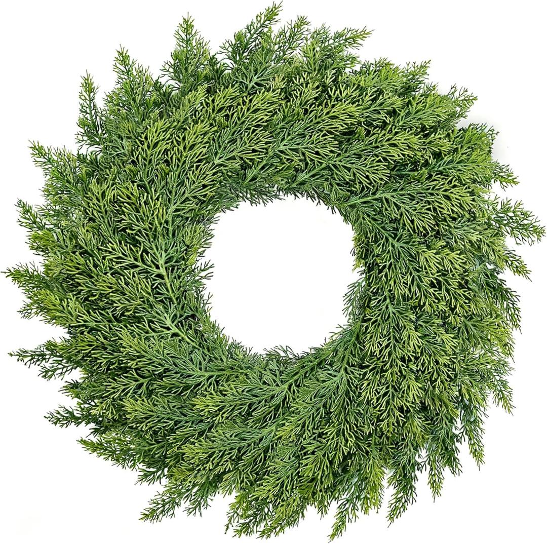 Real Touch Cedar Wreath - 22 Inch Outdoor Traditional Artificial Greenery Wreath for Front Door Windows Indoor Weatherproof Holiday Decor