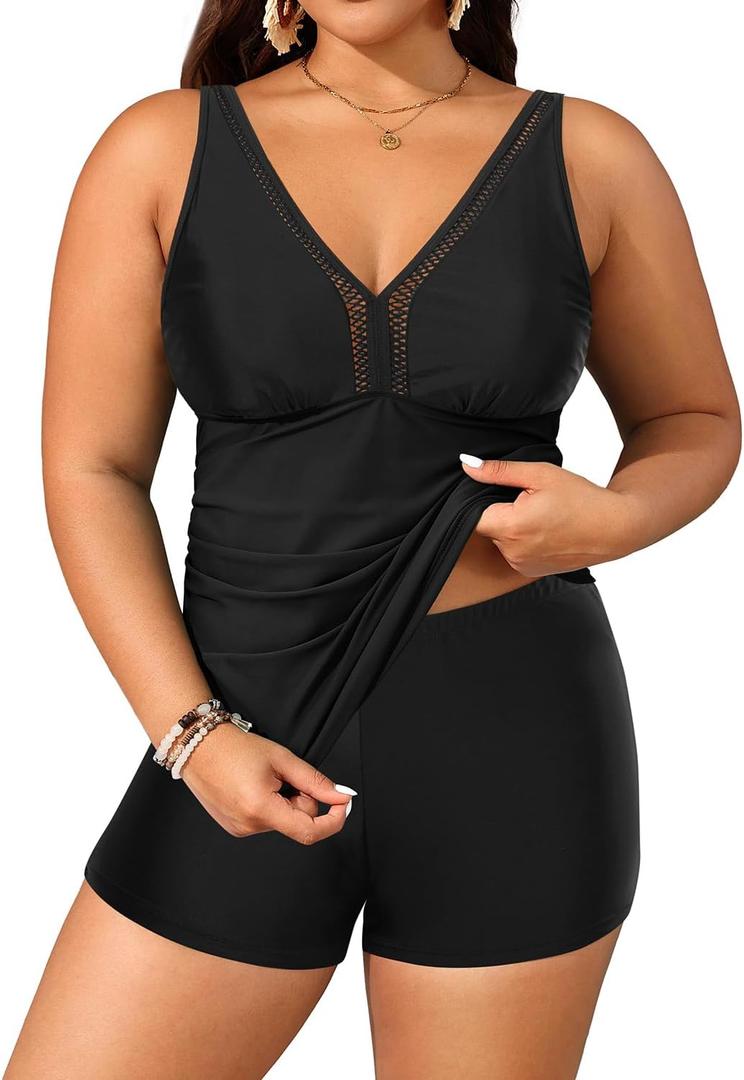 Yonique Womens Plus Size Swimsuits with Shorts Tummy Control Tankini Two Piece Bathing Suits Athletic Swimwear (Black-1)