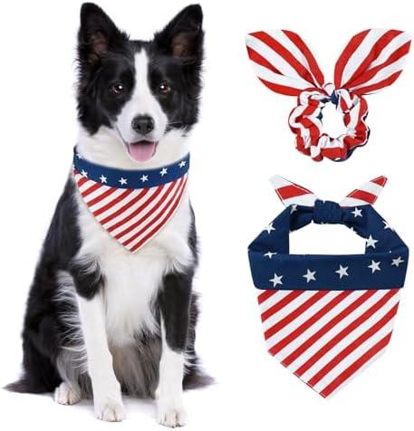 E-Clover 4th of July Dog Bandanas & Matching Scrunchie Set American Flag Dog Scarf Washable Patriotic Pet Bandana Triangle Kerchief Bibs for Medium Large Dogs Owner Gifts