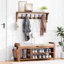 PETKABOO 39.4" Bamboo Shoe Rack Bench with Coat Rack, 3-Tier Entryway Bench with Thick Cushion, Flip-Top & Side Baskets, Holds Up to 550 LBS for Hallway, Living Room, Bedroom