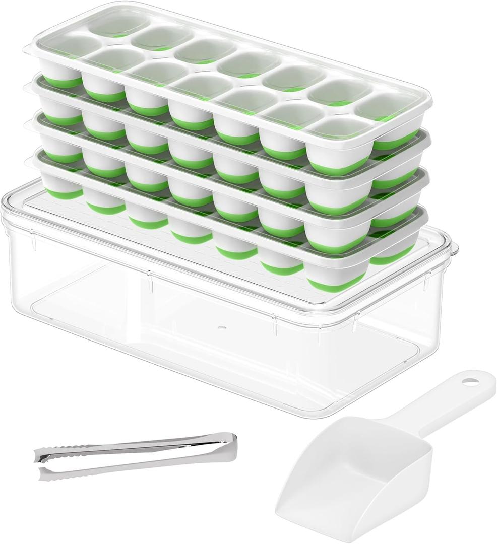Ice Cube Tray with Lid and Bin, 4 Packs 56 Cubes Silicone Plastic Ice Cube Trays for Freezer, Stackable Ice Tray with Container, Ice Scoop,Ice Tong for Drinks, Coffee and Cocktails Green Ice Cube Tray with Lid and Bin, 4 Packs 56 Cubes Silicone Plastic Ice Cube Trays for Freezer, Stackable Ice Tray with Container, Ice Scoop,Ice Tong for Drinks, Coffee and Cocktails Green