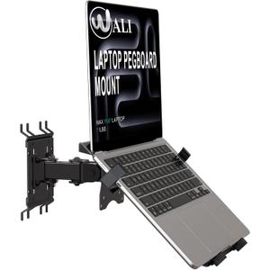 WALI Articulating Pegboard Adjustable Mount for Laptop and Monitor 2 in 1 with Vented Tray, Fits 1" Hole Spacing & Up to 1/4" Hole Diameter, Supports Laptop or Monitor Under 8.8lbs, PM00LP, Black