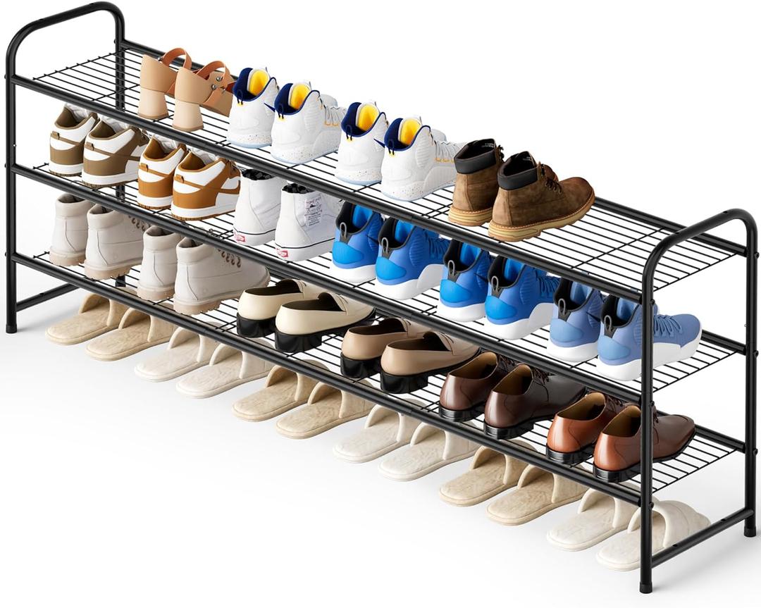 KEETDY 3-Tier Long Shoe Rack for Closet Metal Shoe Organizer for Entryway, Wide Stackable Shoe Storage Shelf with Sturdy Wire Grid for Closet Floor, Bedroom, Black (11.4x43x24.4)