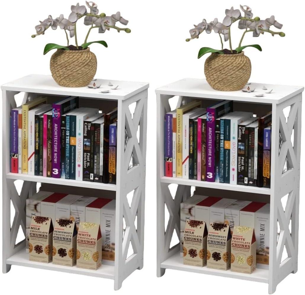 End Table Living Room Set of 2, White Side Table 3-Tier, Nightstand, Small Bookcase Bookshelf for Bed Sofa Couch