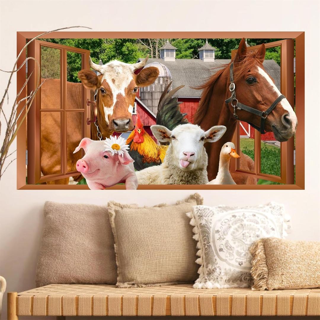 Farm Animals Wall Stickers 3D Fake Window Animal Wall Decals Peel and Stick Farmhouse Animal Art Stickers Funny Cow Decal Peeking Horse Rooster Vinyl Sticker for Living Room Kitchen Bedroom Decor