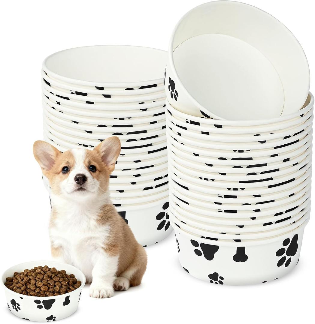 Disposable Pet Food Bowls, White Thickened Pet Bowls in Bulk, Cute Patterns, Suitable for Dry/Wet Food, Puppies, Kittens (100-PACK)