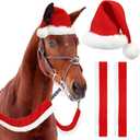 3 Pcs Christmas Horse Costume Accessory for Pony Including Horse Santa Hat with Rein Cover and Halter Bridle Cover for Xmas Parade(Santa Style)