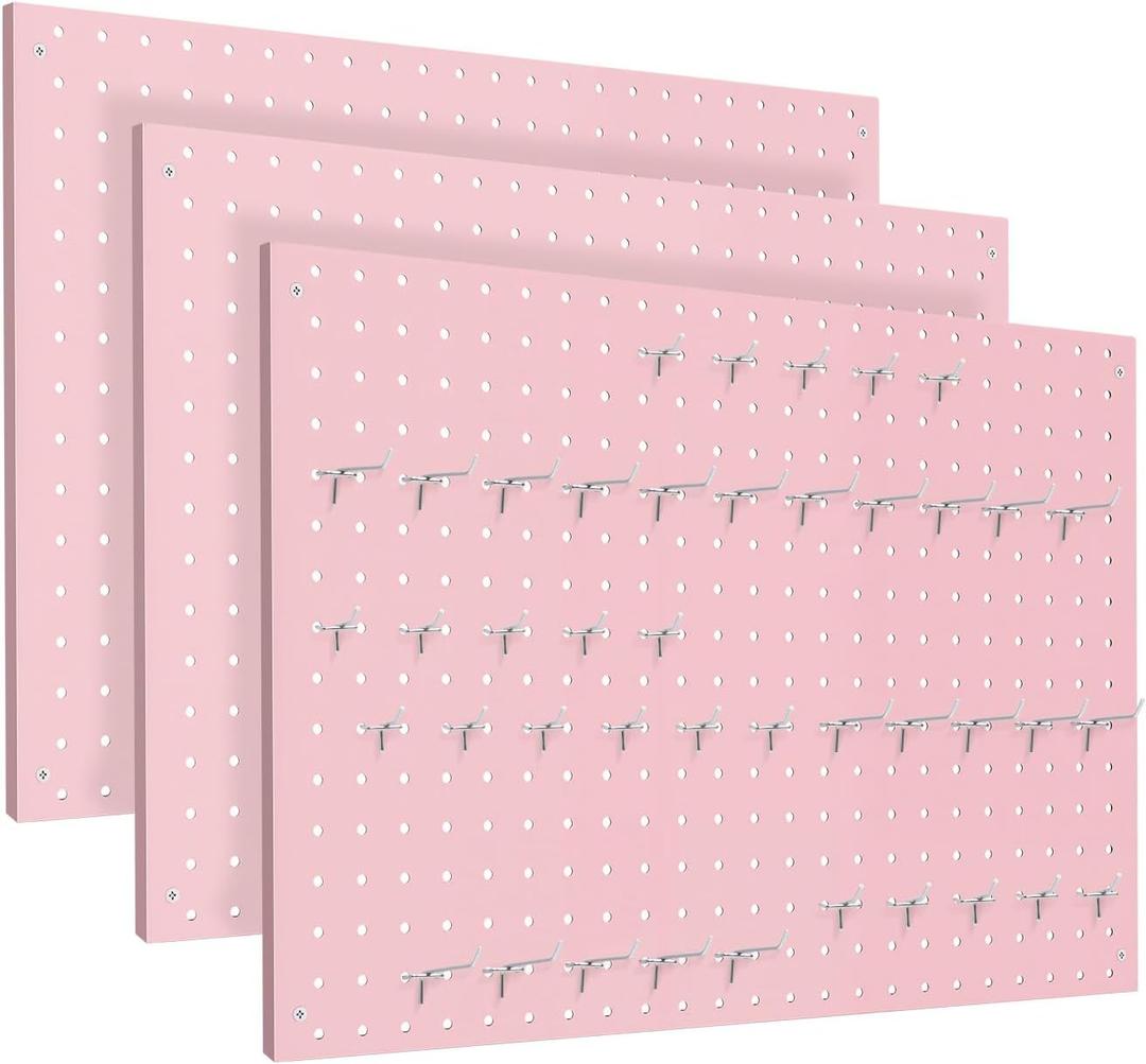 Peg Board, 3 Pack Metal Pegboard Panels Pink Pegboards Wall Organizer with Frame Large Heavy Duty Peg Board with Hooks for Walls Home, Garage Tool Storage, Office, Craft Room, Kitchen 24”×16”