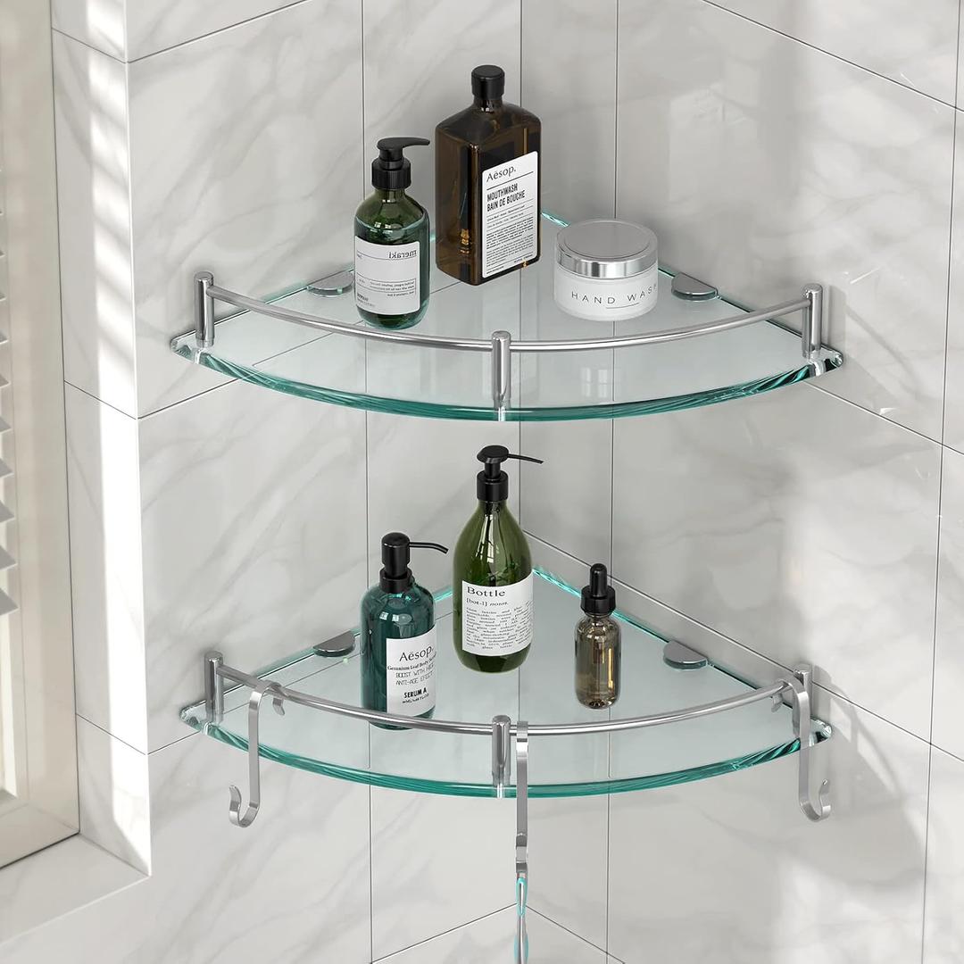 Glass Shower Shelves, Glass Bathroom Corner Shelf Wall Mounted Shelf Shampoo Holder Organizer Extra 8MM Thick Corner Shelves for Inside Shower with 3 Hooks