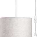 DEWENWILS Plug in Pendant Light, Hanging Light with 15Ft Clear Cord, On/Off Switch, Beige Linen Shade, Hanging Light Fixture for Bedroom, Kitchen, Living Room, Dining Table