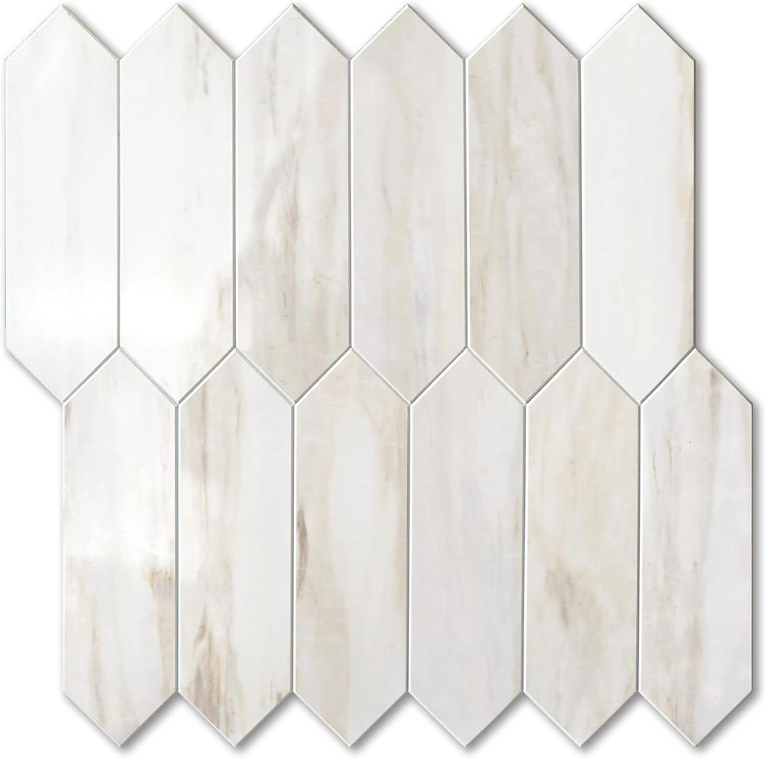 Vamos Tile Glossy Wood Marble Grain Backsplash Tile Peel and Stick, 12.8 x 12.8 Inch 10 Sheets Long Hexagon PVC Self Adhesive Mosaic Wall Tiles Stick on Backsplash for Kitchen and Bathroom