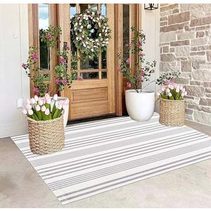 BUAGETUP Grey and White Outdoor Rug 3'x 5' Hand-Woven Cotton Washable Rug Striped Front Porch Rug Indoor/Outdoor Area Rug Floor Mat for Farmhouse/Layered Door Mats/Living Room