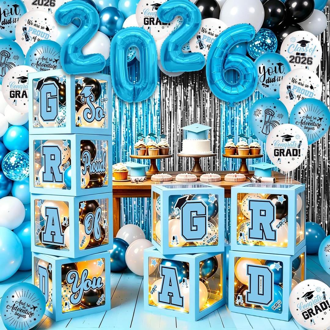 Light Blue Graduation Balloon Boxes 2026 with Led Light Graduation Decorations Class of 2026 Congrats Party Decorations 2026 Congrats Party Supplies